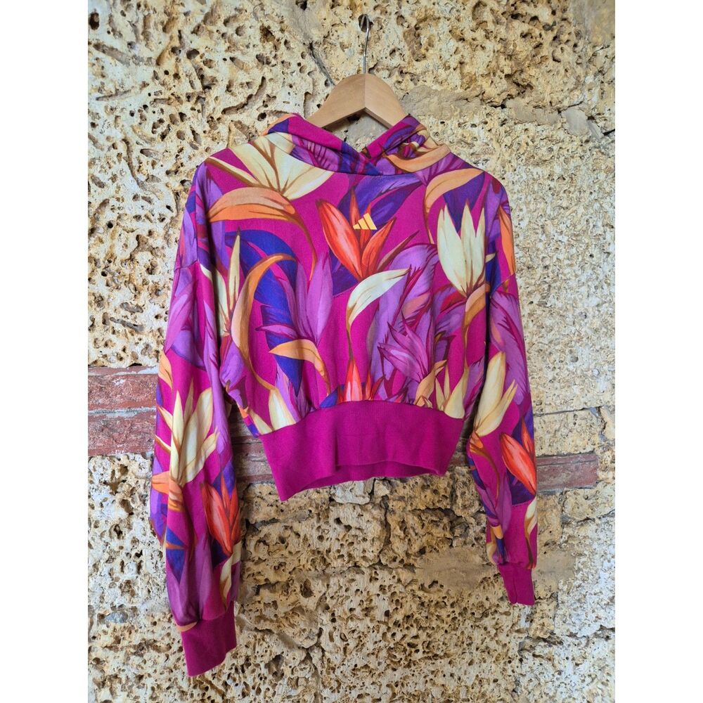Adidas Farm Rio Women's Cropped Hoodie Pink Floral Tropical Pullover
